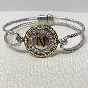 N Monogram Bracelet Twisted Magnetic Clasp Silver-Tone‎ Rhinestone Twisted Rope